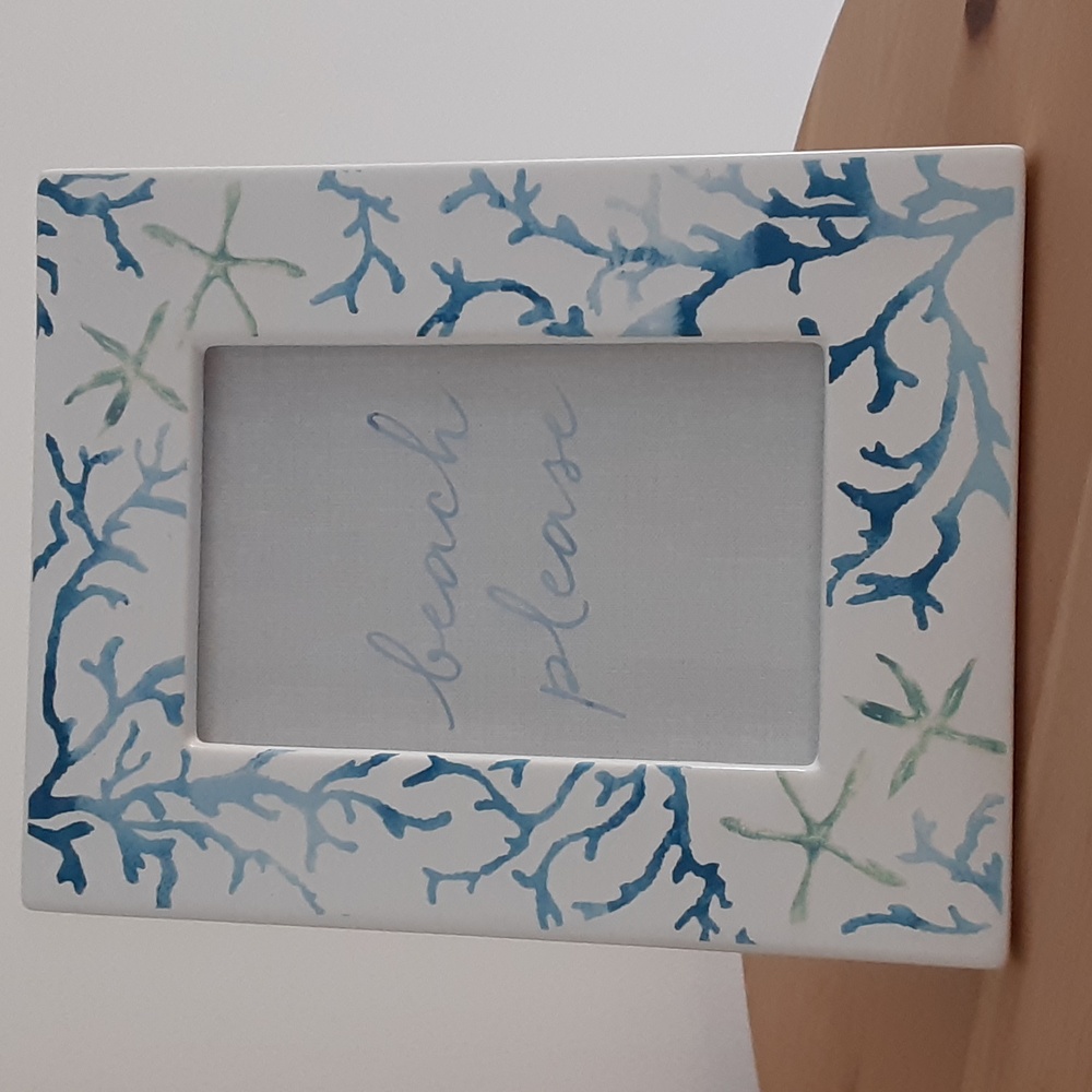 Coastal Blue Coral Starfish Ceramic Photo Frame "beach please" Fits 4x6" Photo